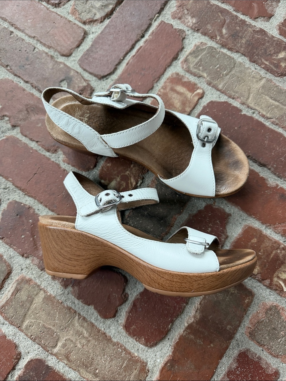 Dansko White Leather Buckle Slingback Sandal with Wood-Effect Wedge